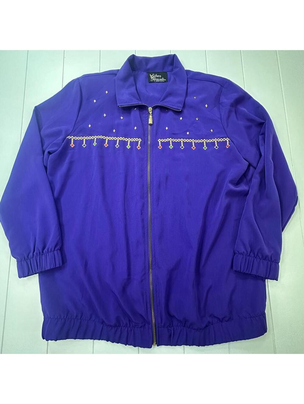 Vintage Silver Threads Purple Zip Up Jacket Embellished Size Large USA
